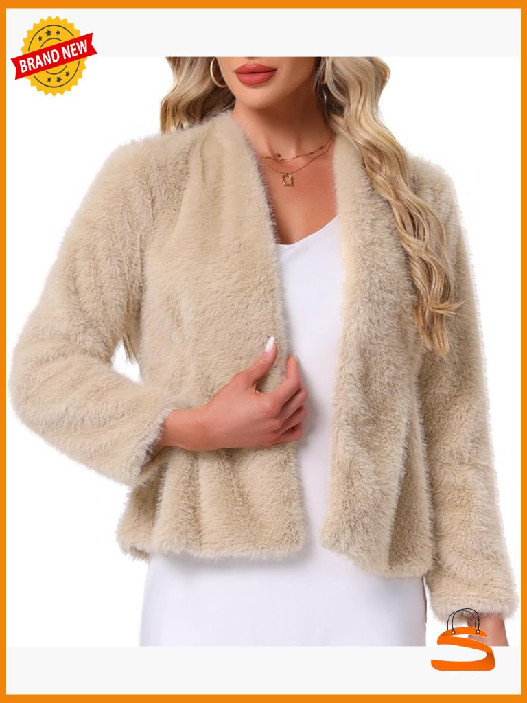 Faux Fur Collarless Long Sleeve Open Front Fluffy Jacket Evening Overcoat